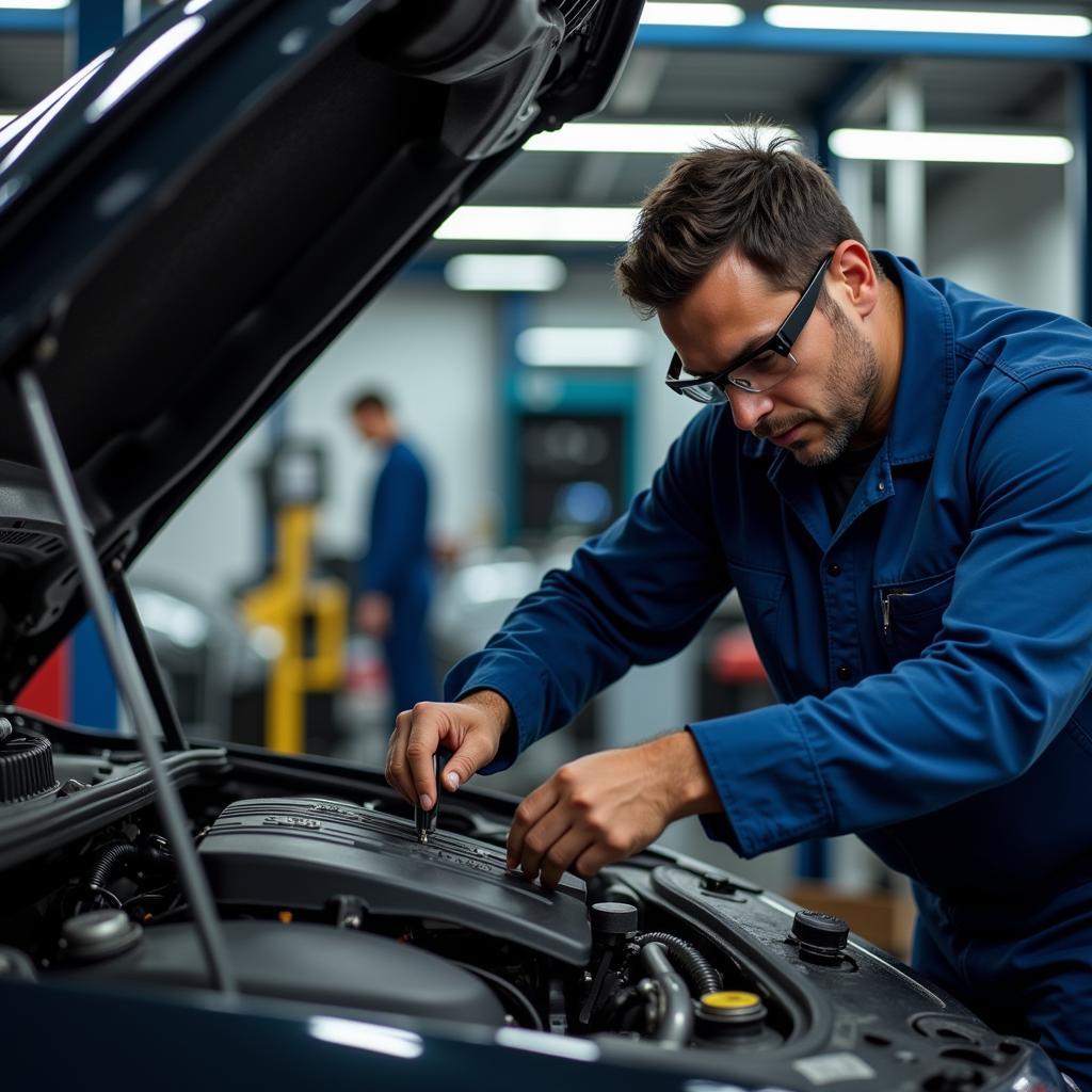 Professional Car Mechanic Working on Engine