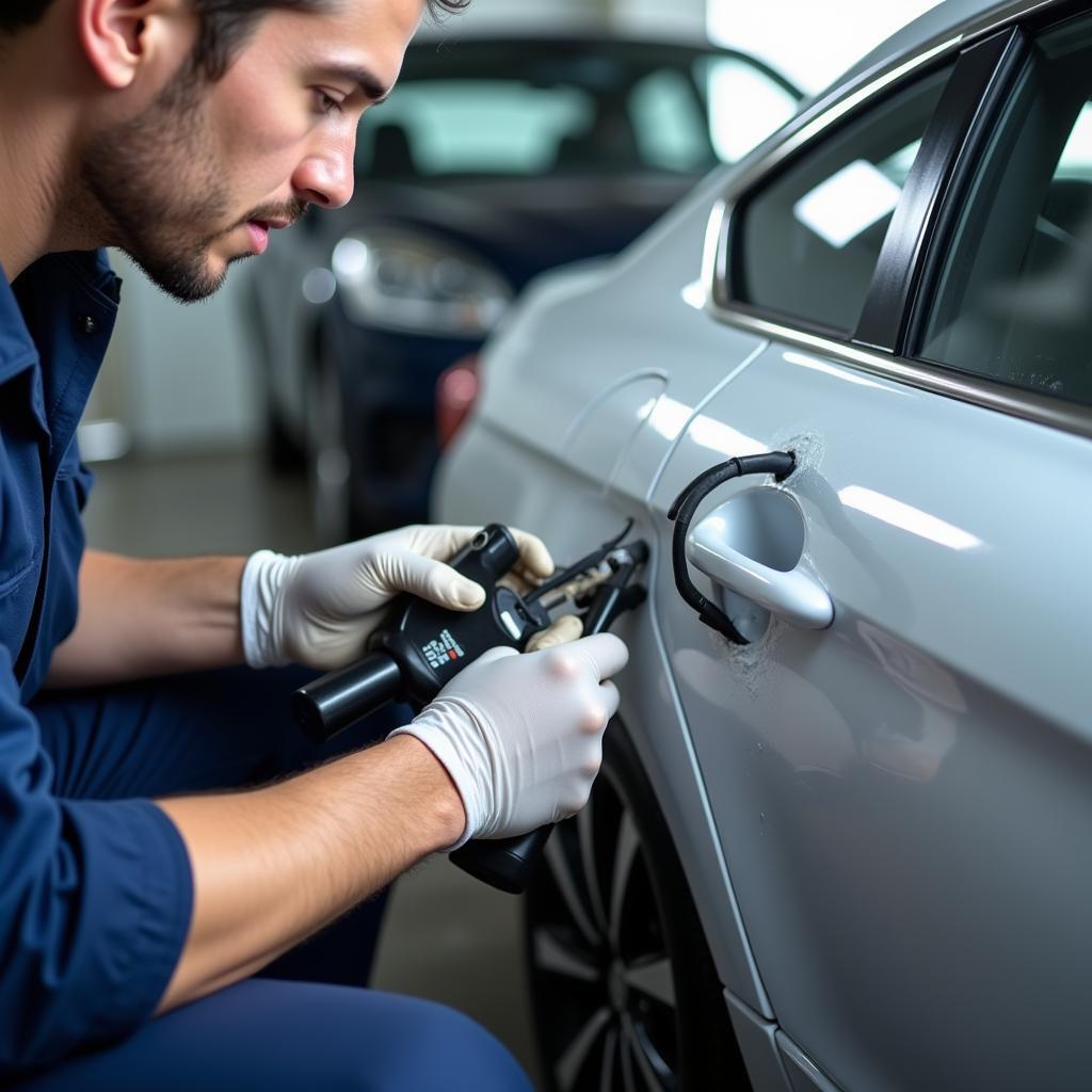 Professional car paint repair in progress