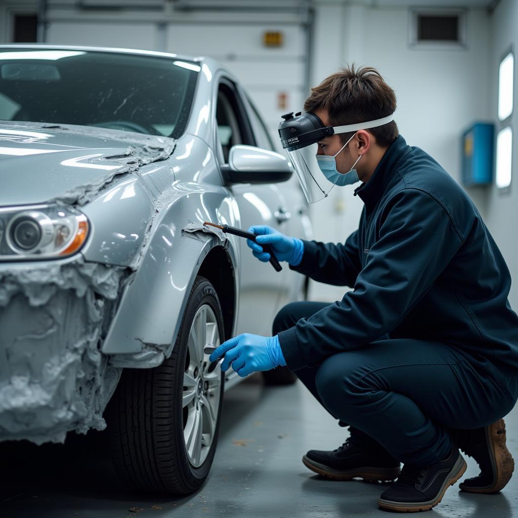 Professional car paint repair process in a well-equipped auto shop