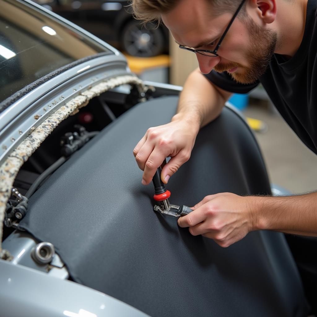 Professional Upholsterer Repairing Car Headliner