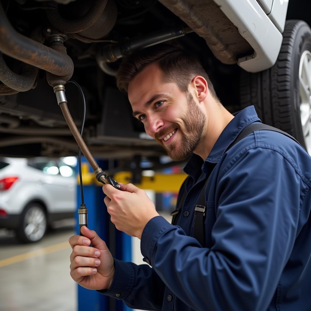 Mechanic Repairing a Fuel Line Leak