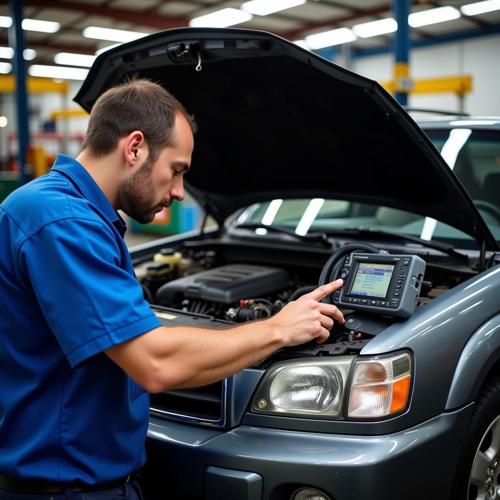 Professional Mechanic Diagnosing a 2002 Subaru Forester