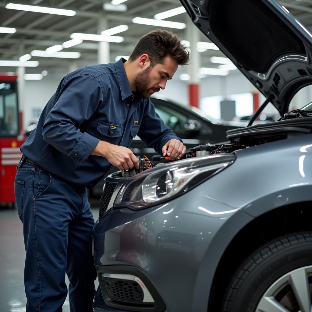 Professional Mechanic Performing Auto New Car Maintenance