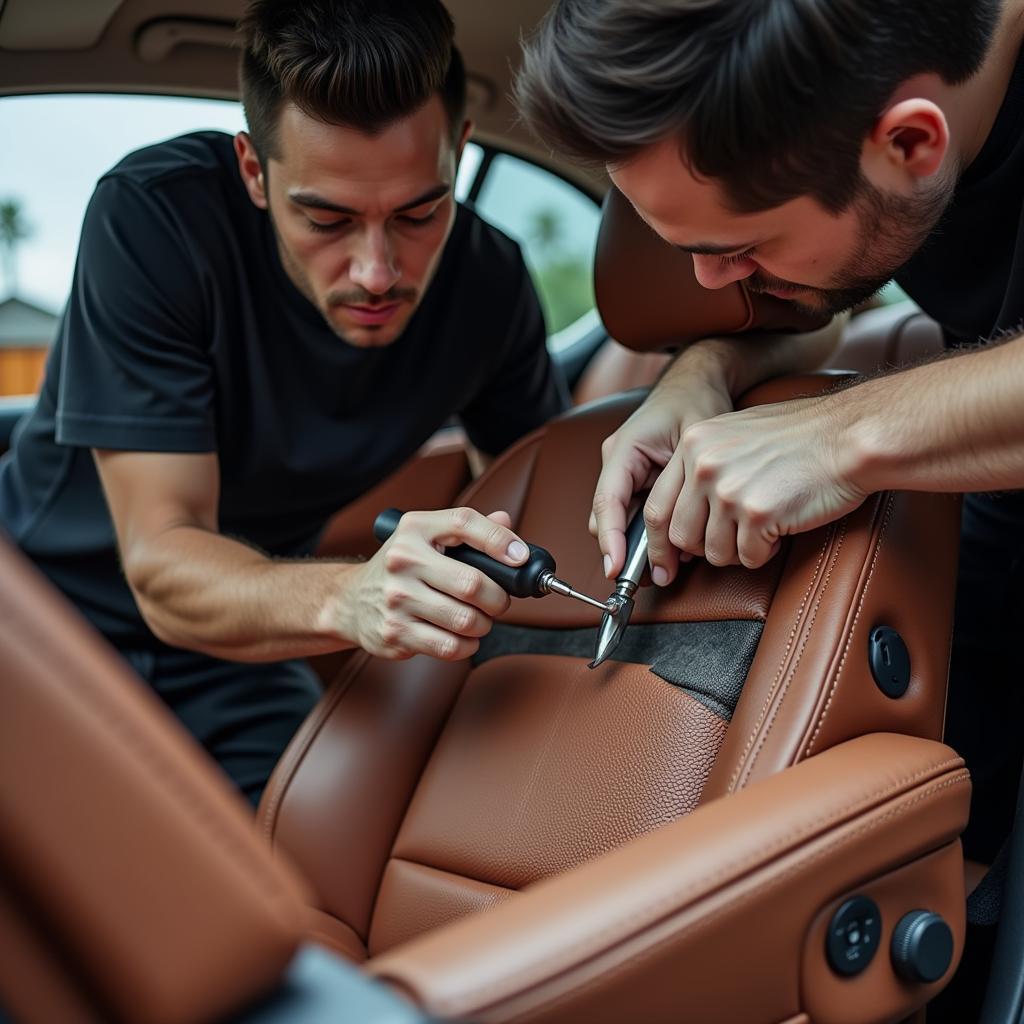 Professional Upholsterer Repairing Car Seat