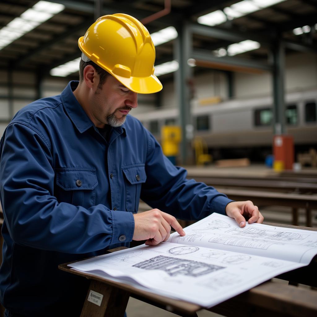 Rail Car Maintenance Superintendent Reviewing Blueprints