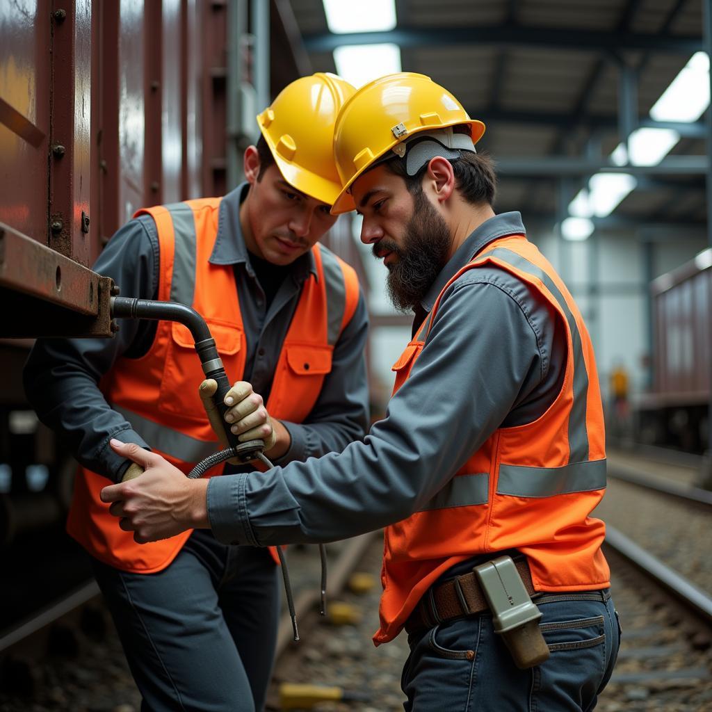 Rail Car Maintenance Trainee Following Safety Procedures