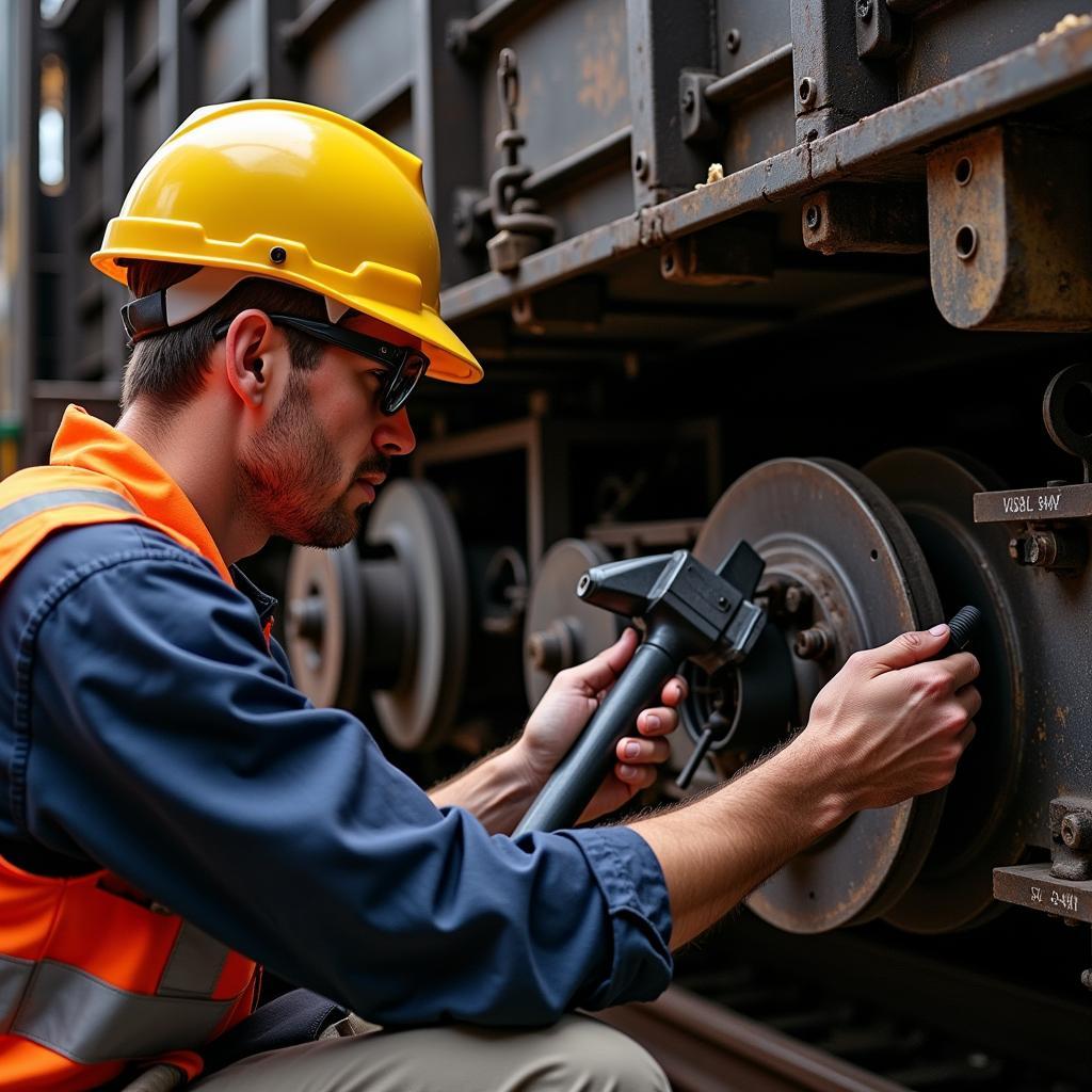 Rail Car Mechanic Inspecting Brakes