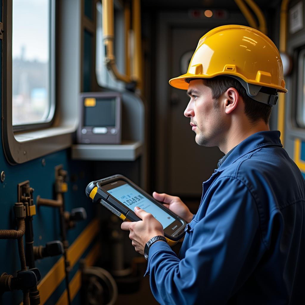 Rail Car Mechanic Using Diagnostic Tools