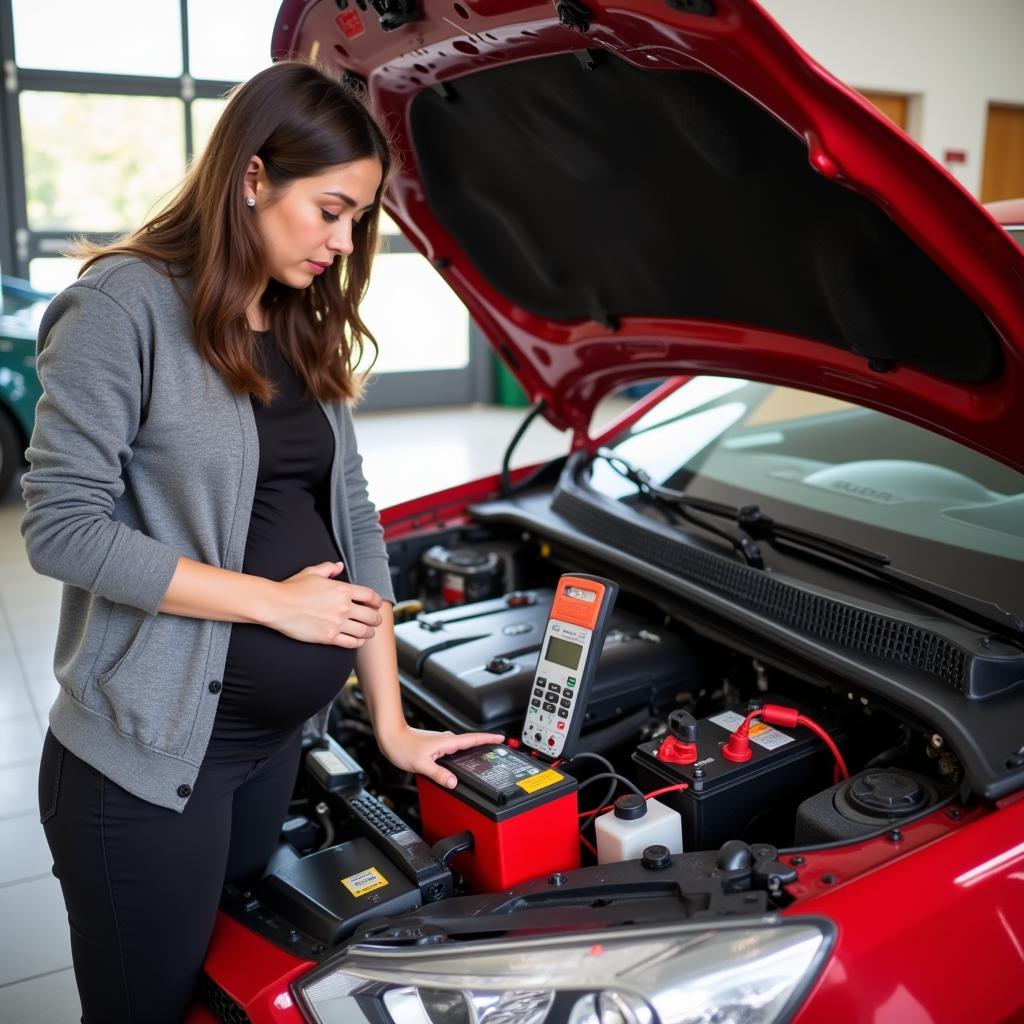 Pregnant Woman Checking Car Battery