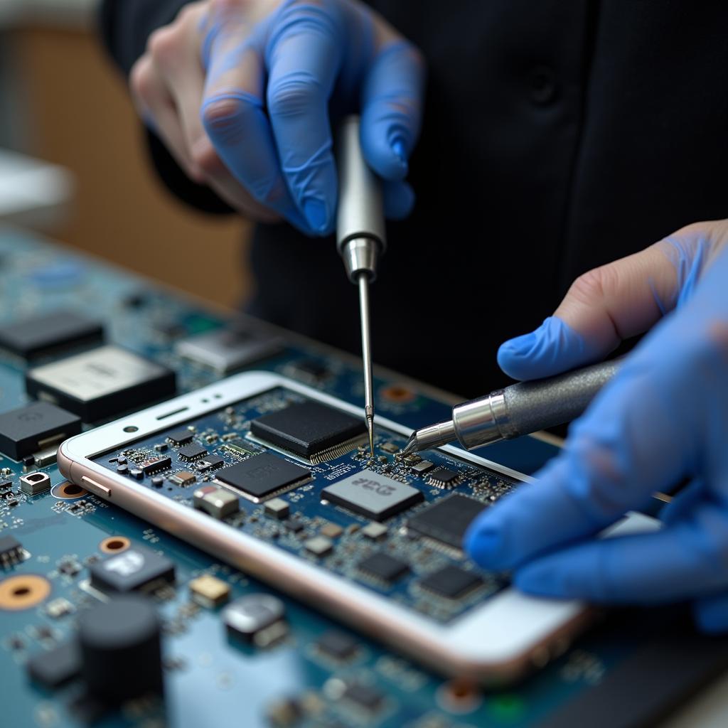 Technician inspecting Redmi Note 3 motherboard