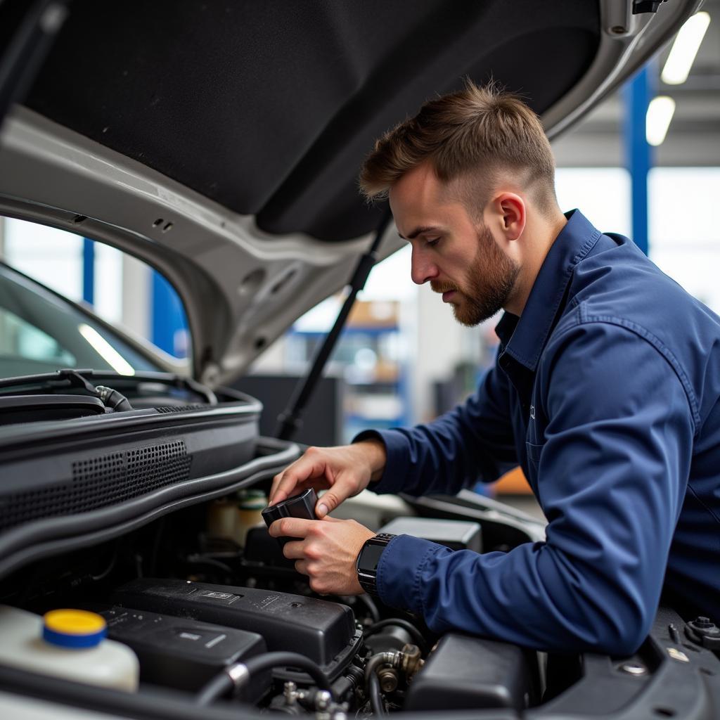 Regular Car Maintenance Inspection: A mechanic inspecting a car's engine during a routine maintenance check.