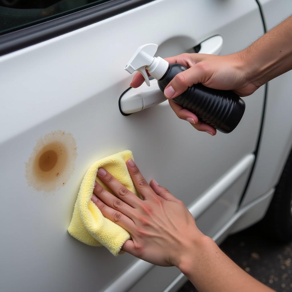 A person is using a microfiber cloth and automotive cleaner to remove a chew stain from a car door.