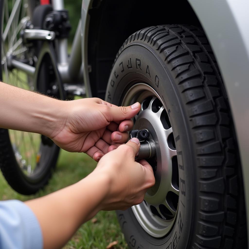 Removing a flat tire from a car designed for bicycles