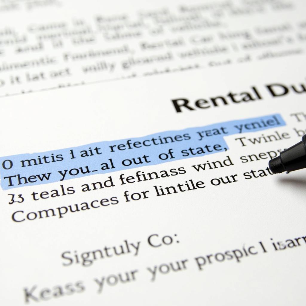 Rental car agreement highlighting out-of-state travel clauses