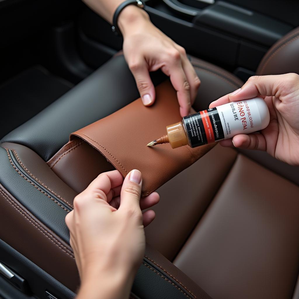 Repairing a ripped leather car seat using a leather patch and adhesive.