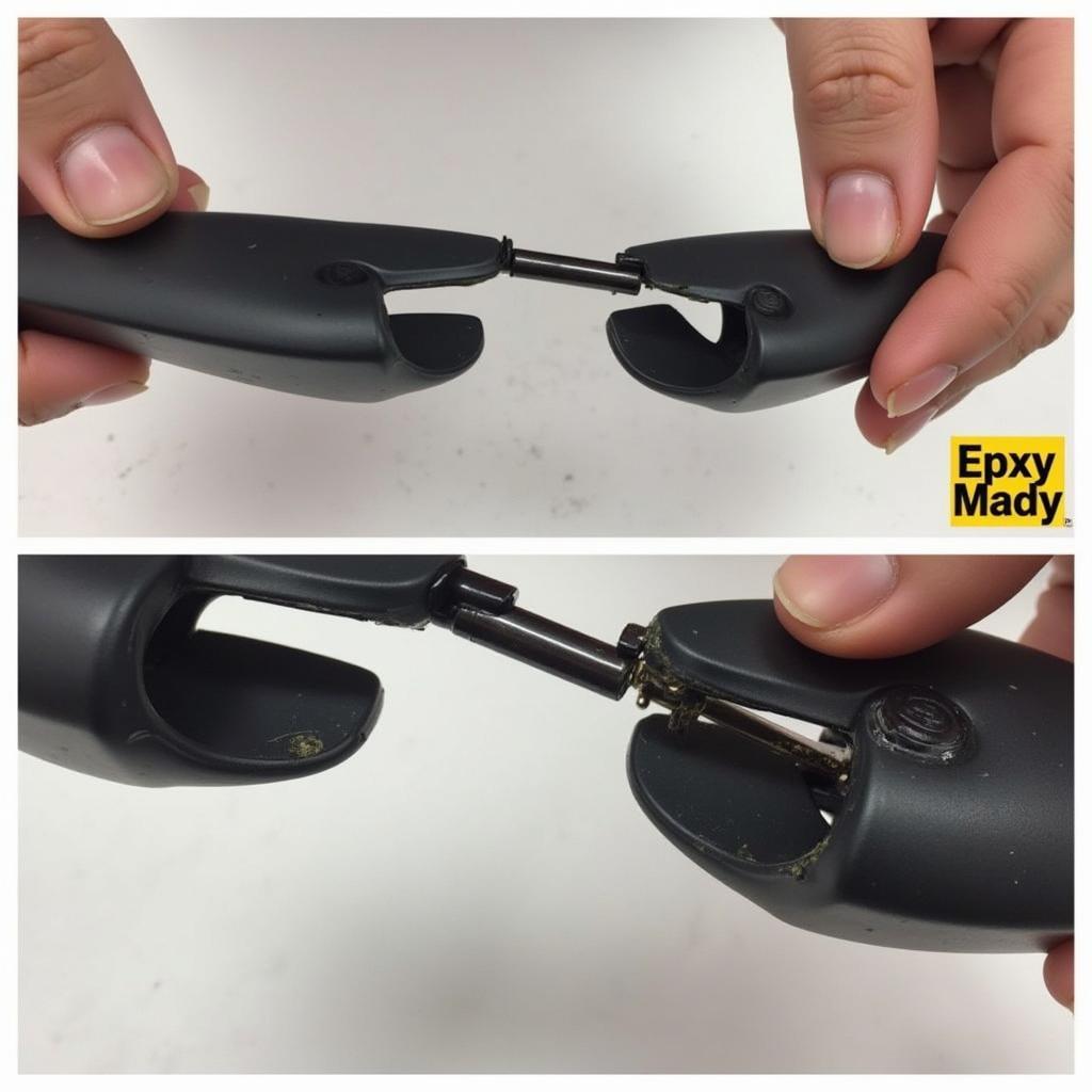 Repairing a sunglass holder using epoxy adhesive.