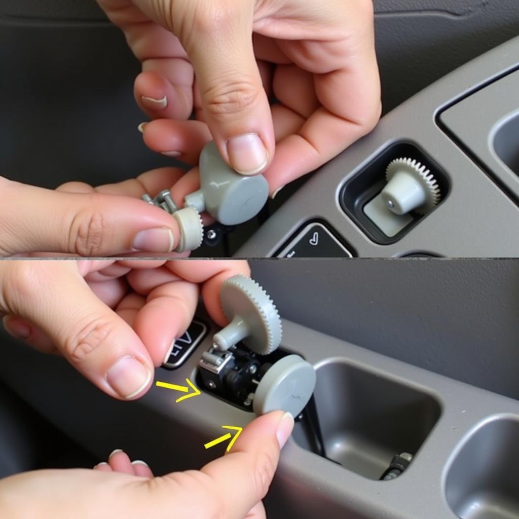 A person replacing the gear in a car window crank mechanism.