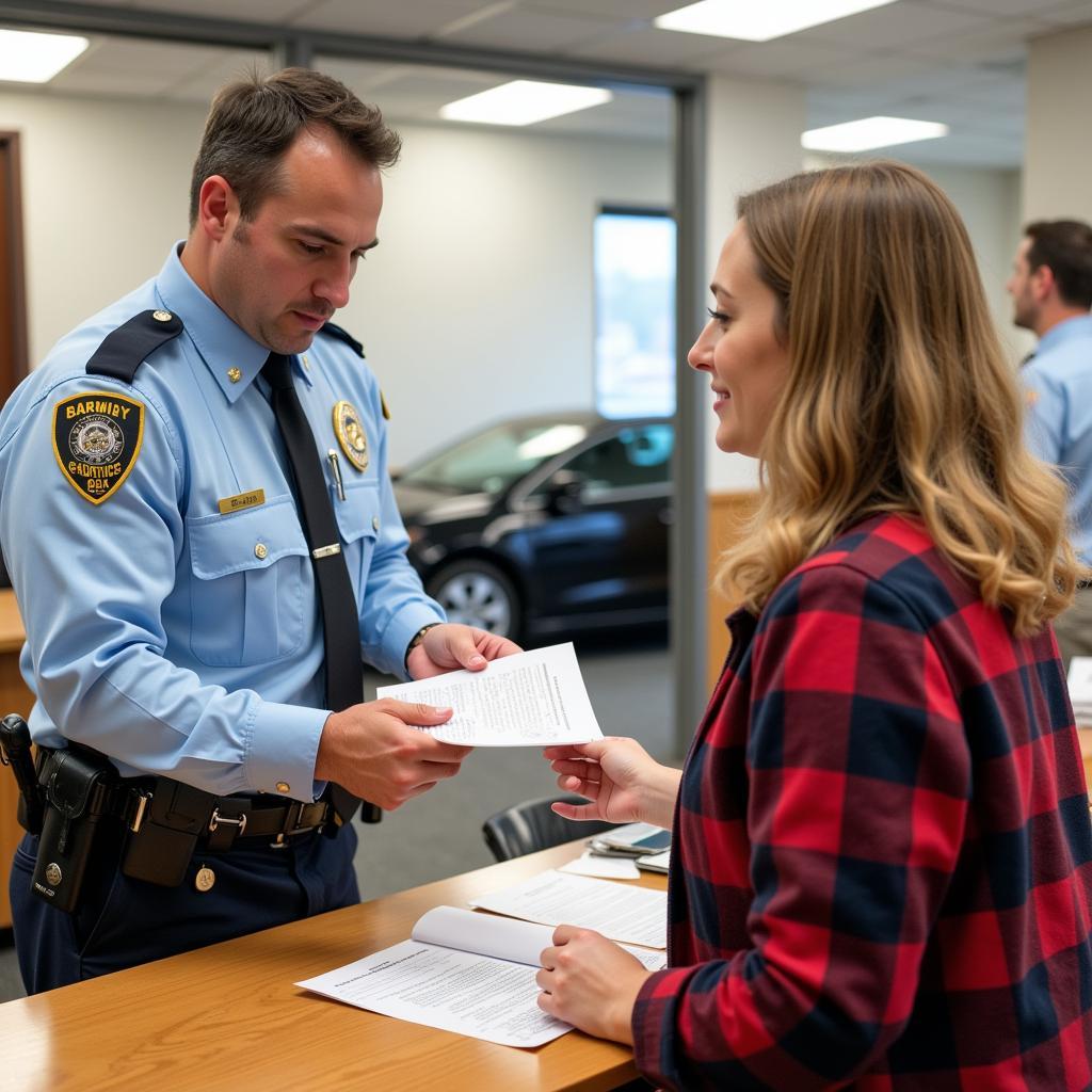 Resolving a Fix It Ticket: A person presenting documents to an official at a counter.