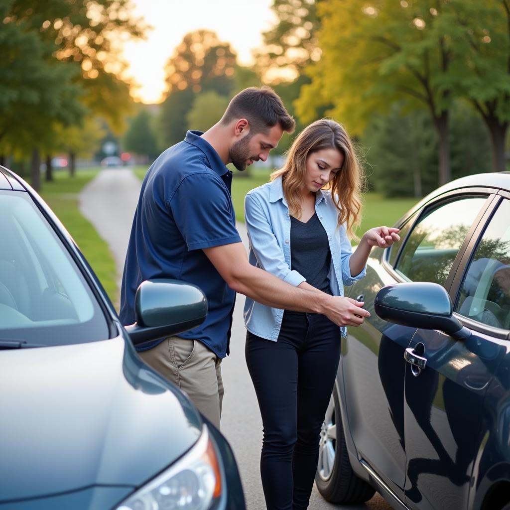 Returning rental car and inspecting with agent