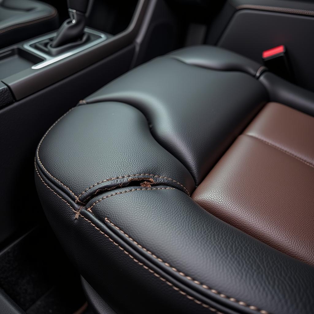 Close-up of a ripped leather car seat showing the extent of the damage