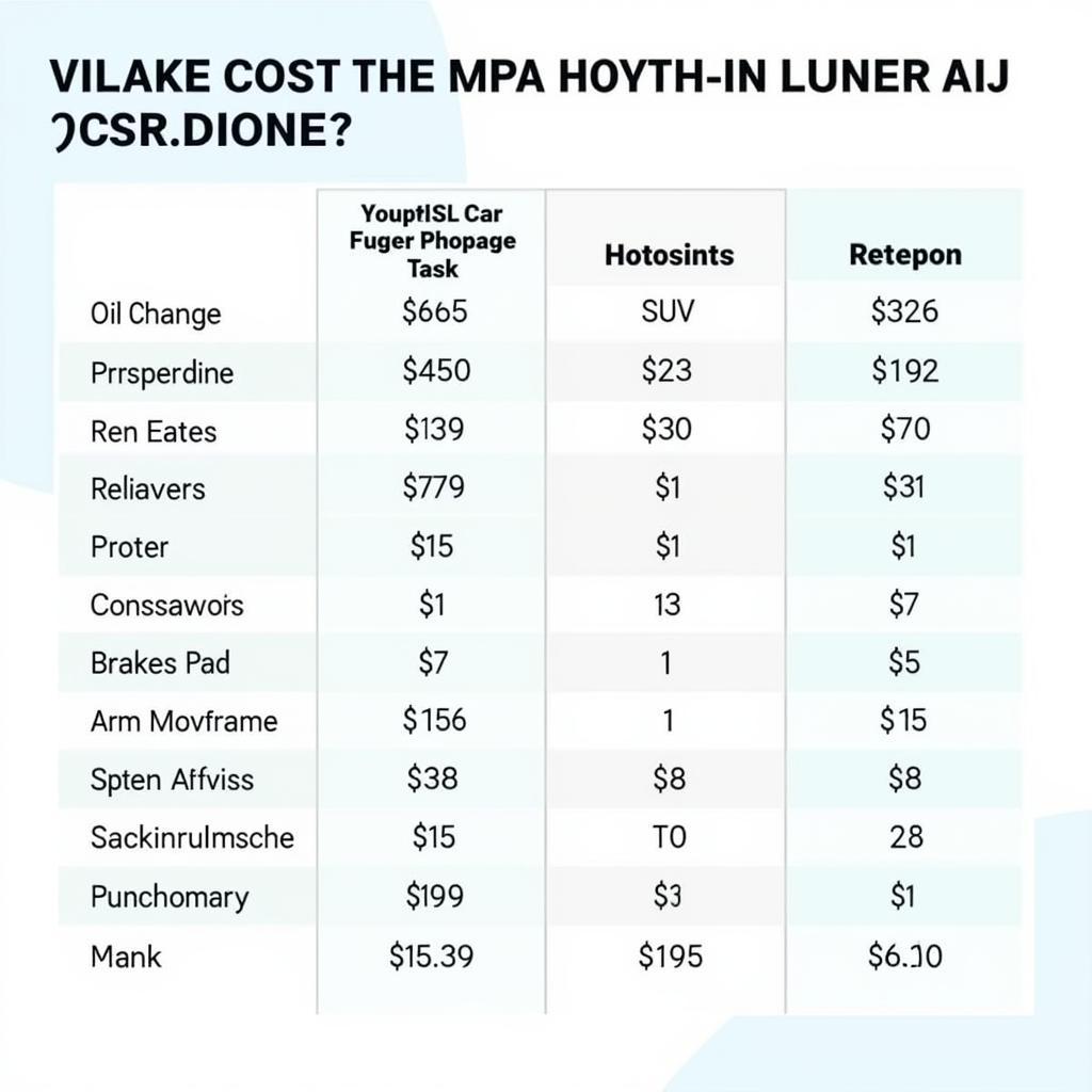 Routine Maintenance Price Comparison Chart