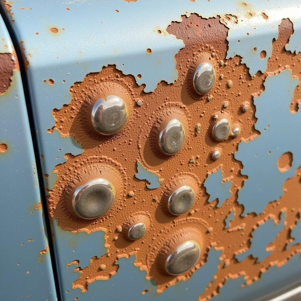 Close up view of rust bubbles forming on a car door