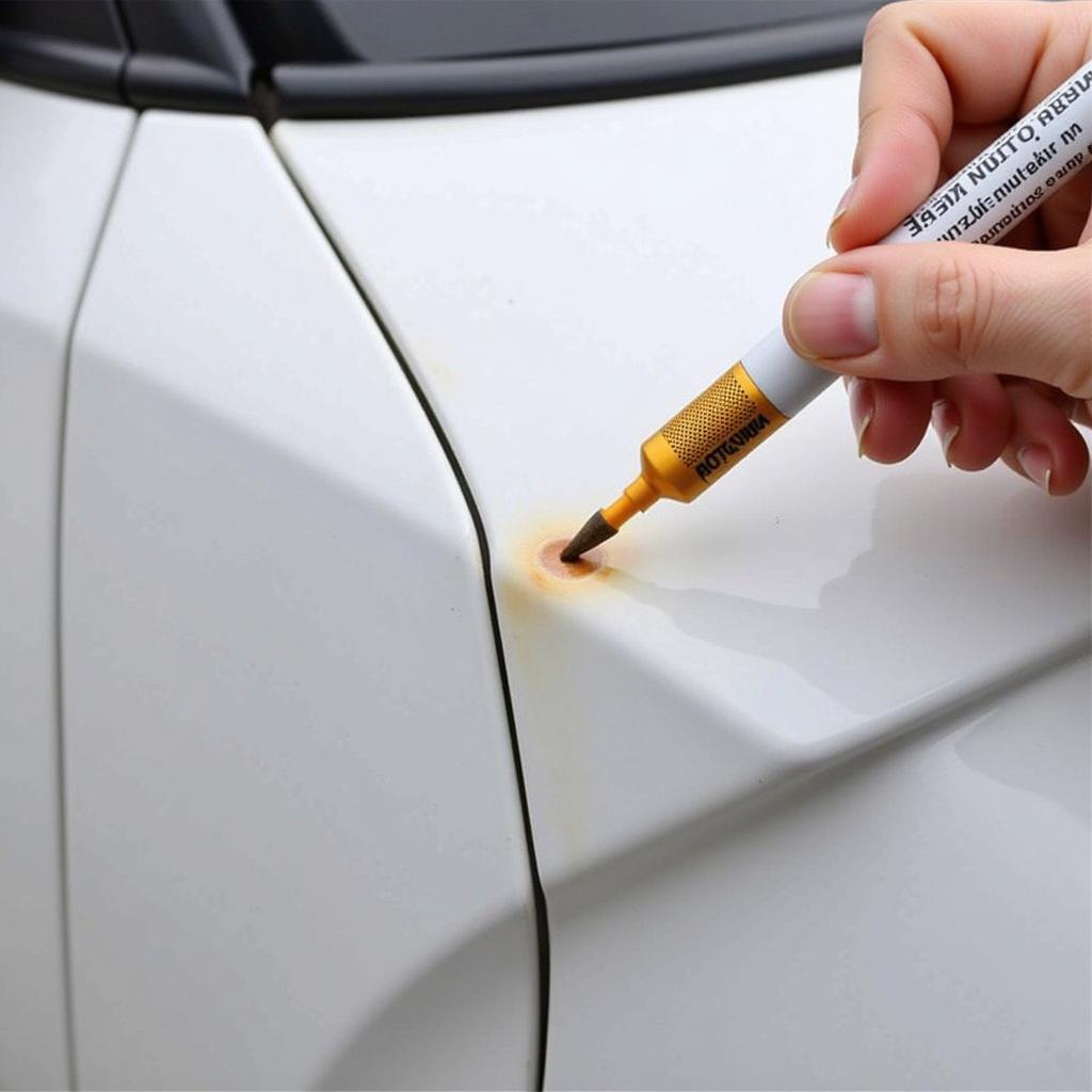 Applying Rust Remover Pen to Car Door