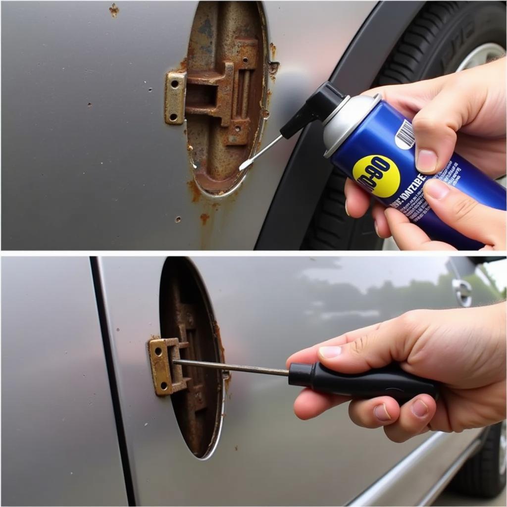 Rusted car door hinge quick fix with WD-40 and grease