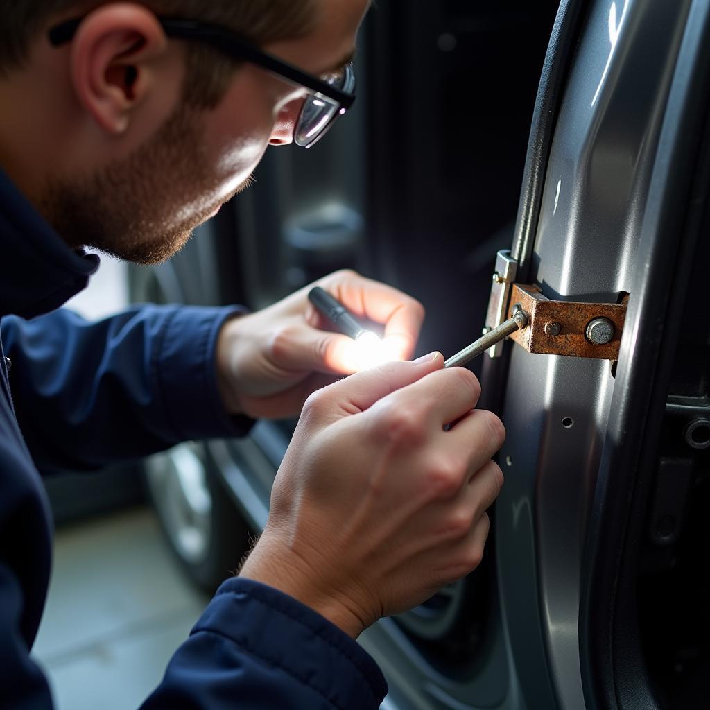 Inspecting a Sagging Car Door Hinge