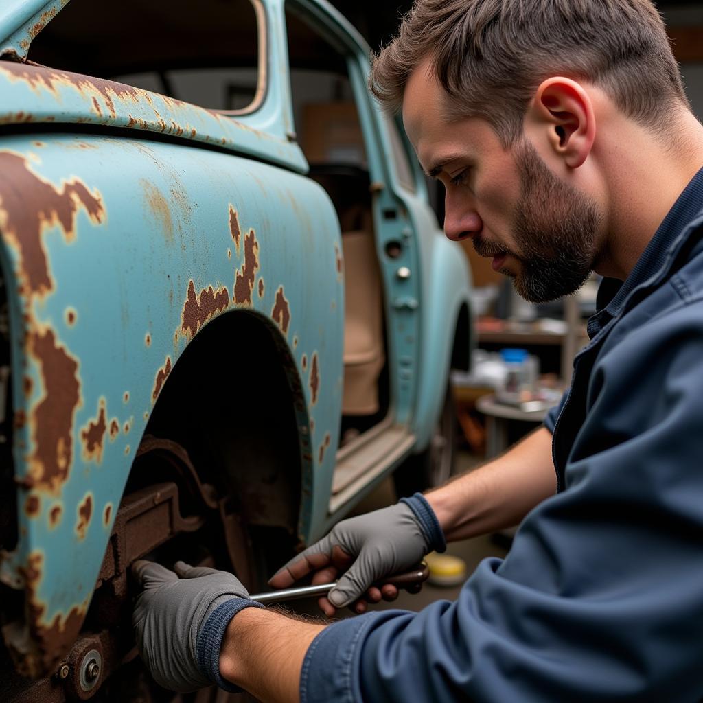 Inspecting a salvage car for damage