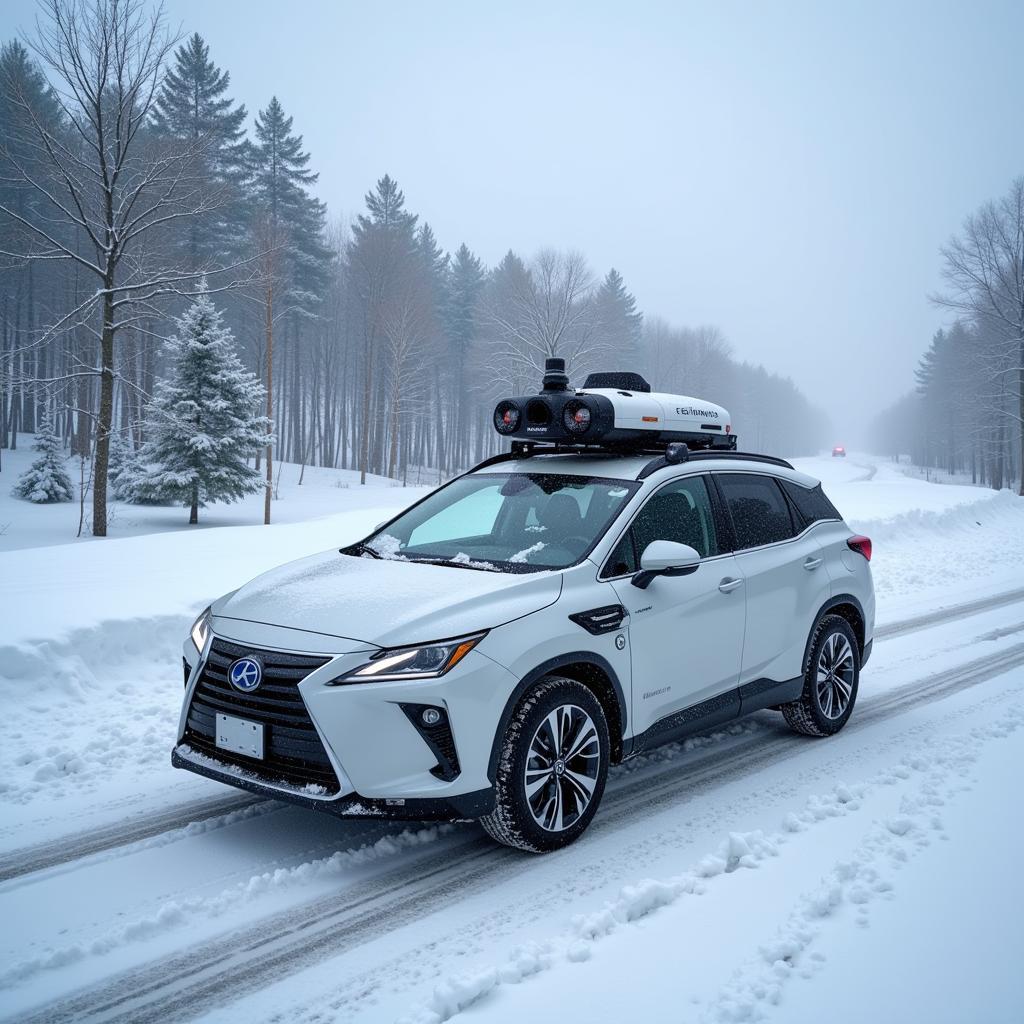 Self-driving car navigating snowy conditions