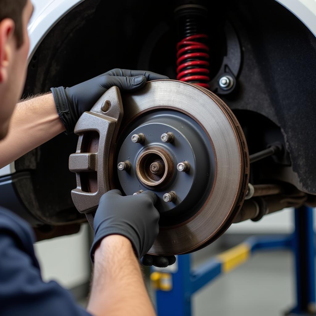 Inspecting the brakes of a Smart Car Fortwo