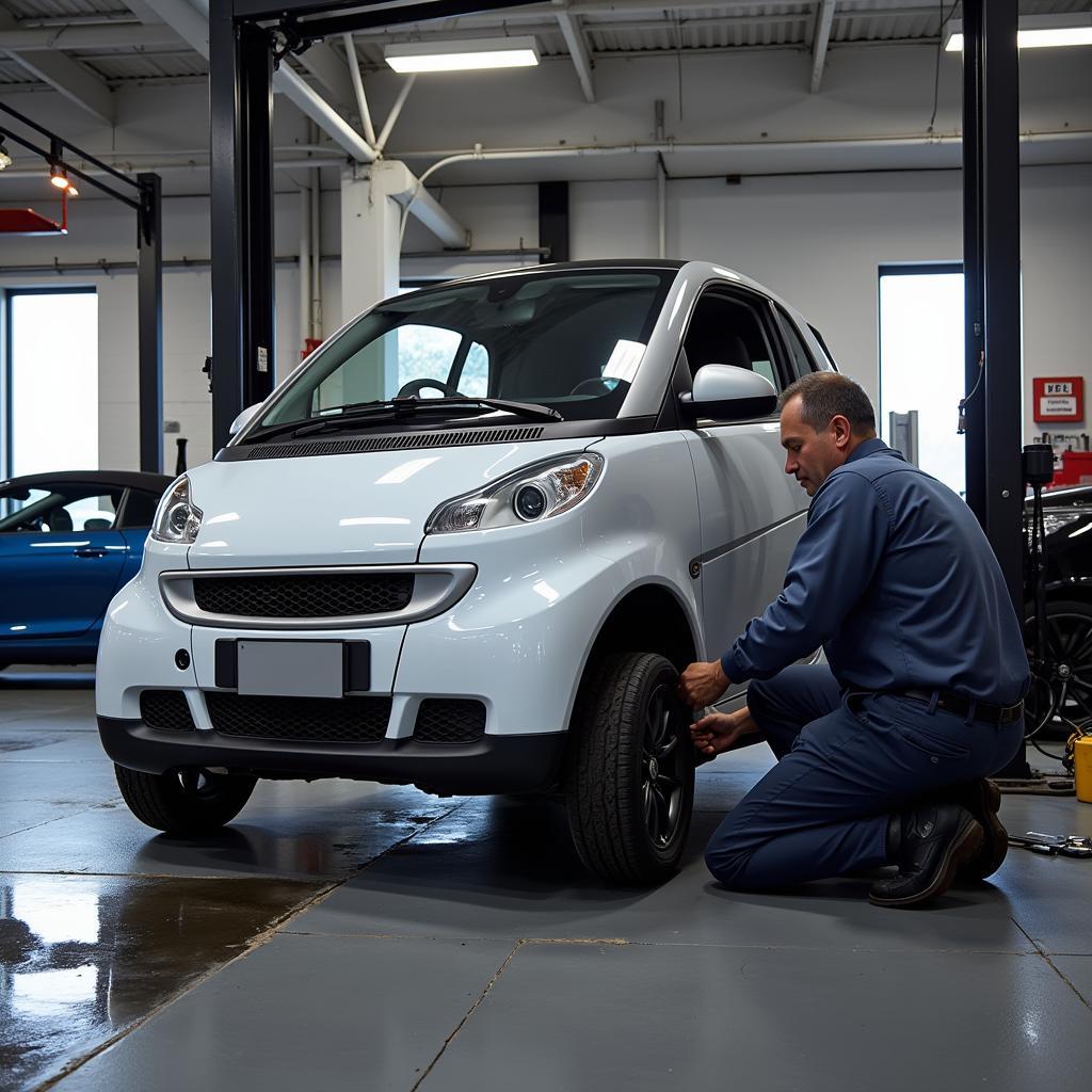 Smart Car Fortwo undergoing regular maintenance check