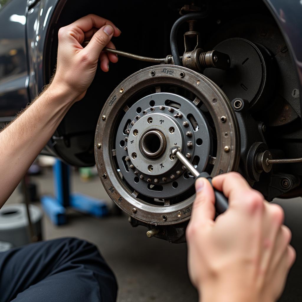 Stick Shift Clutch Inspection - A mechanic inspects the clutch components of a manual transmission car.