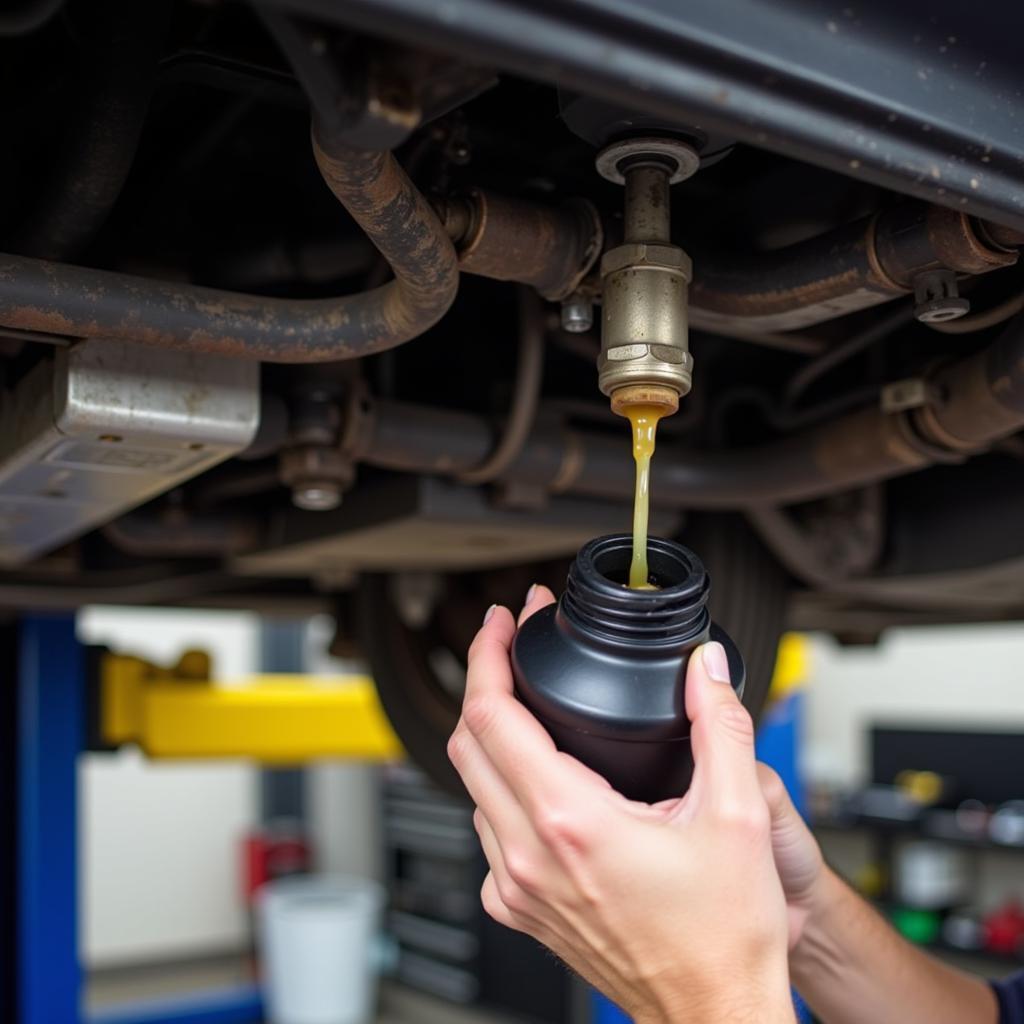 Stick Shift Transmission Fluid Change - A technician drains the old transmission fluid from a manual transmission car.