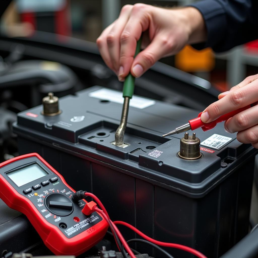 Inspecting a car battery for corrosion and secure connections.