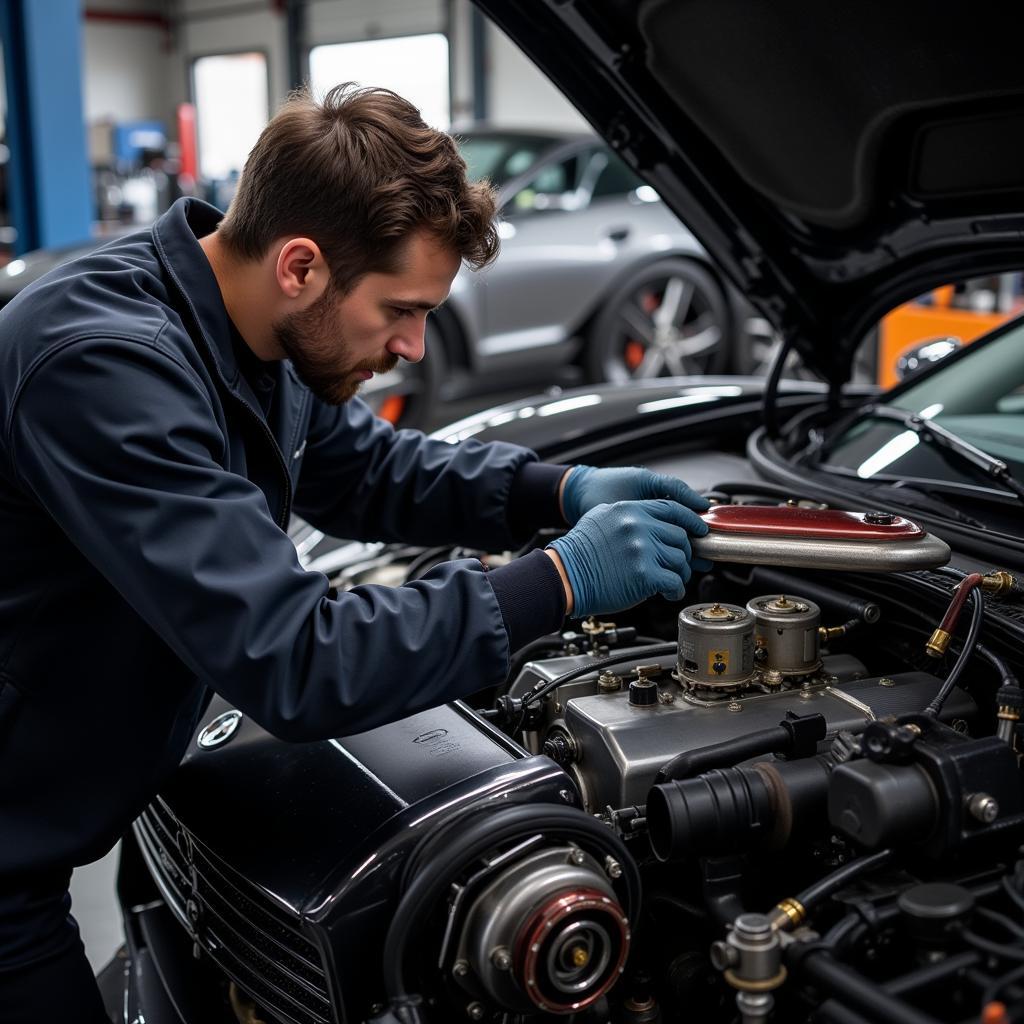 Supercar technician working on a high-performance engine