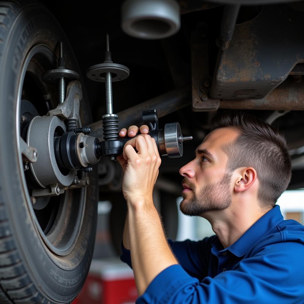 Technician Adjusting Car Suspension