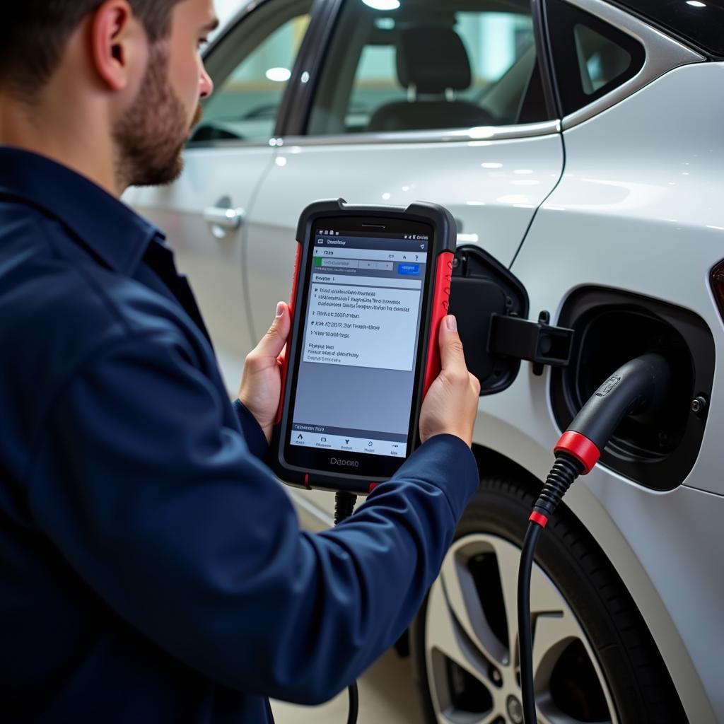 Technician Diagnosing Car Plug-in Issue with Diagnostic Tool