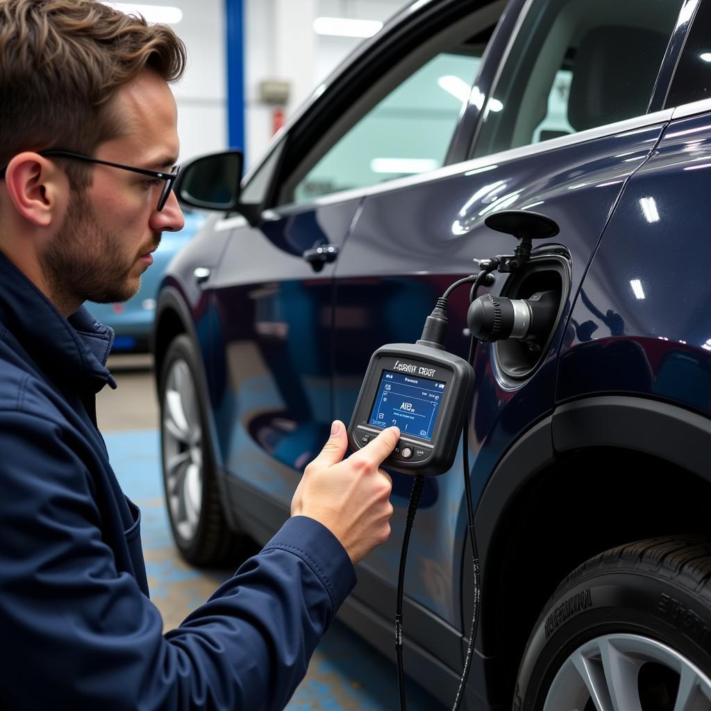 Technician Diagnosing Electric Parking Brake