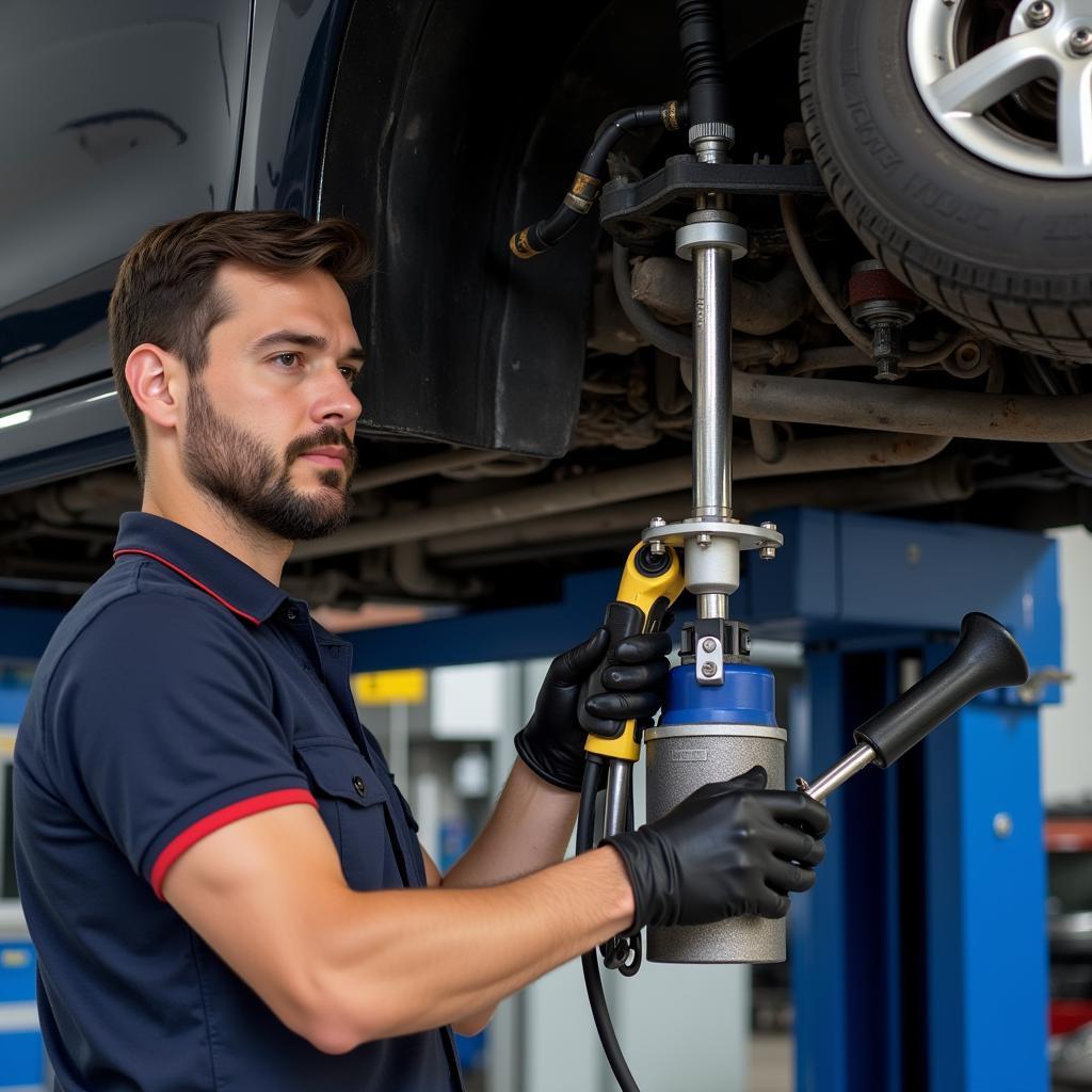 Technician Repairing Car Lift Hydraulic Cylinder