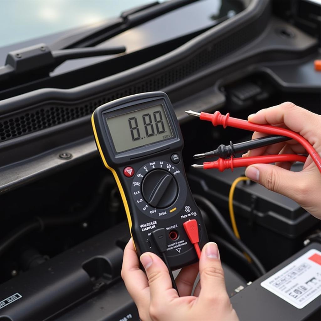 Testing the voltage of a car battery with a multimeter