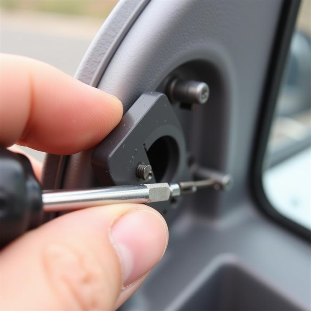 Tightening the set screw on a car's rearview mirror