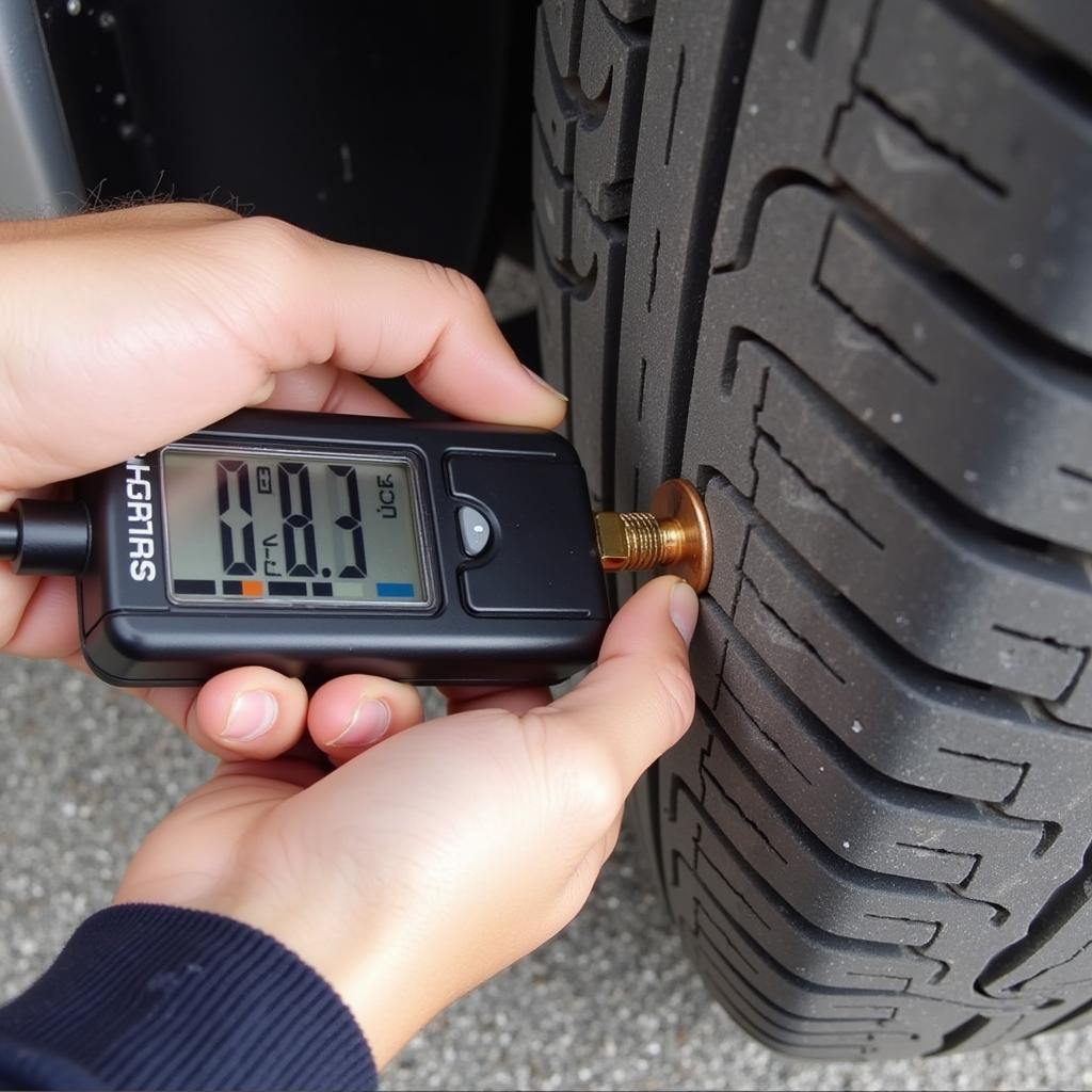 Checking Tire Pressure and Tread Depth with Gauge and Penny