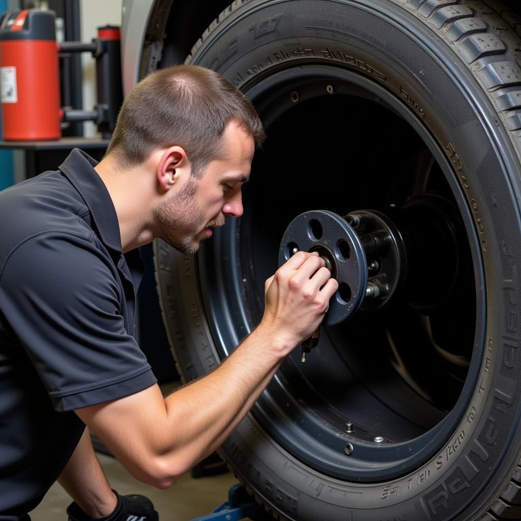 Tire professional patching a tire