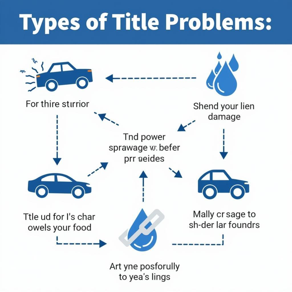 Visual representation of different types of car title problems: salvage, flood, lien, missing, incorrect info, duplicate titles.