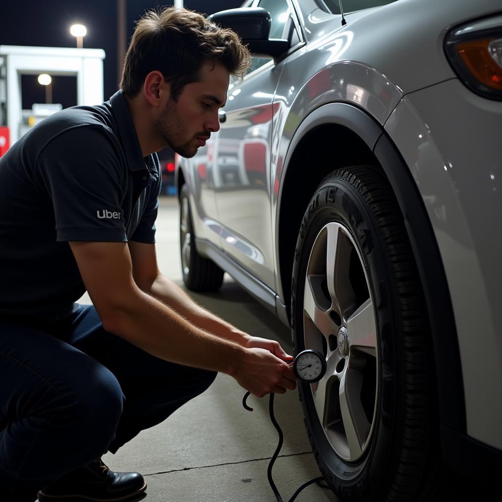 Uber Driver Checking Tire Pressure for Optimal Performance