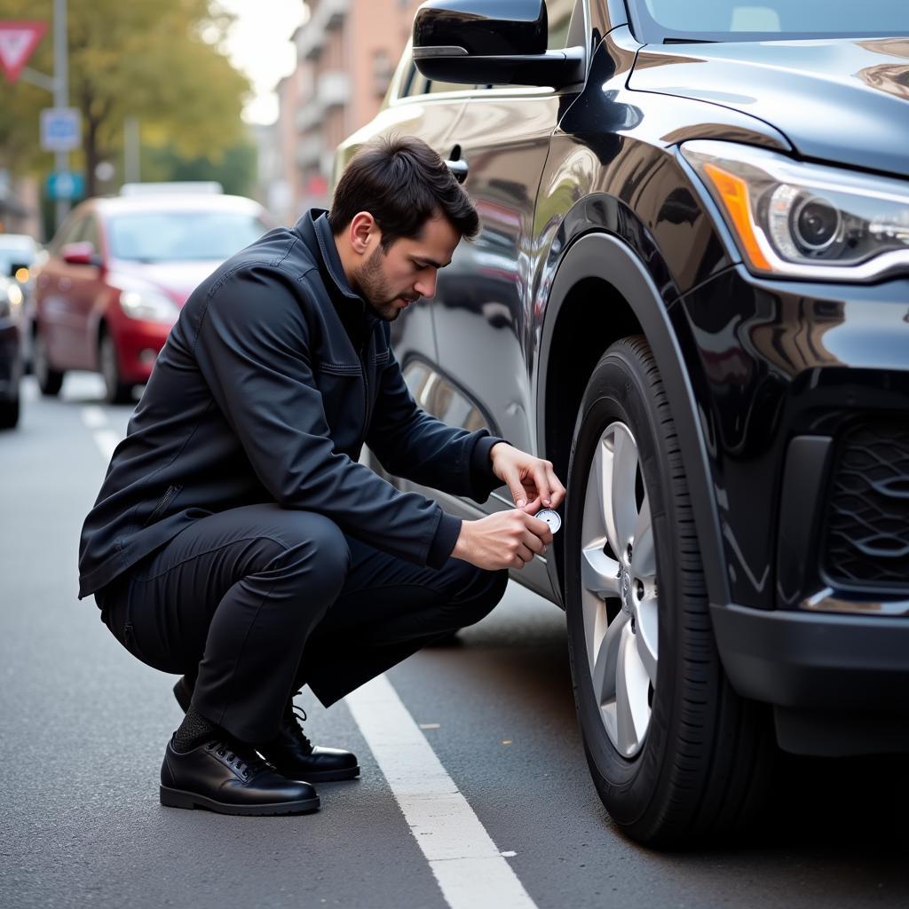 Uber Driver Inspecting Tires