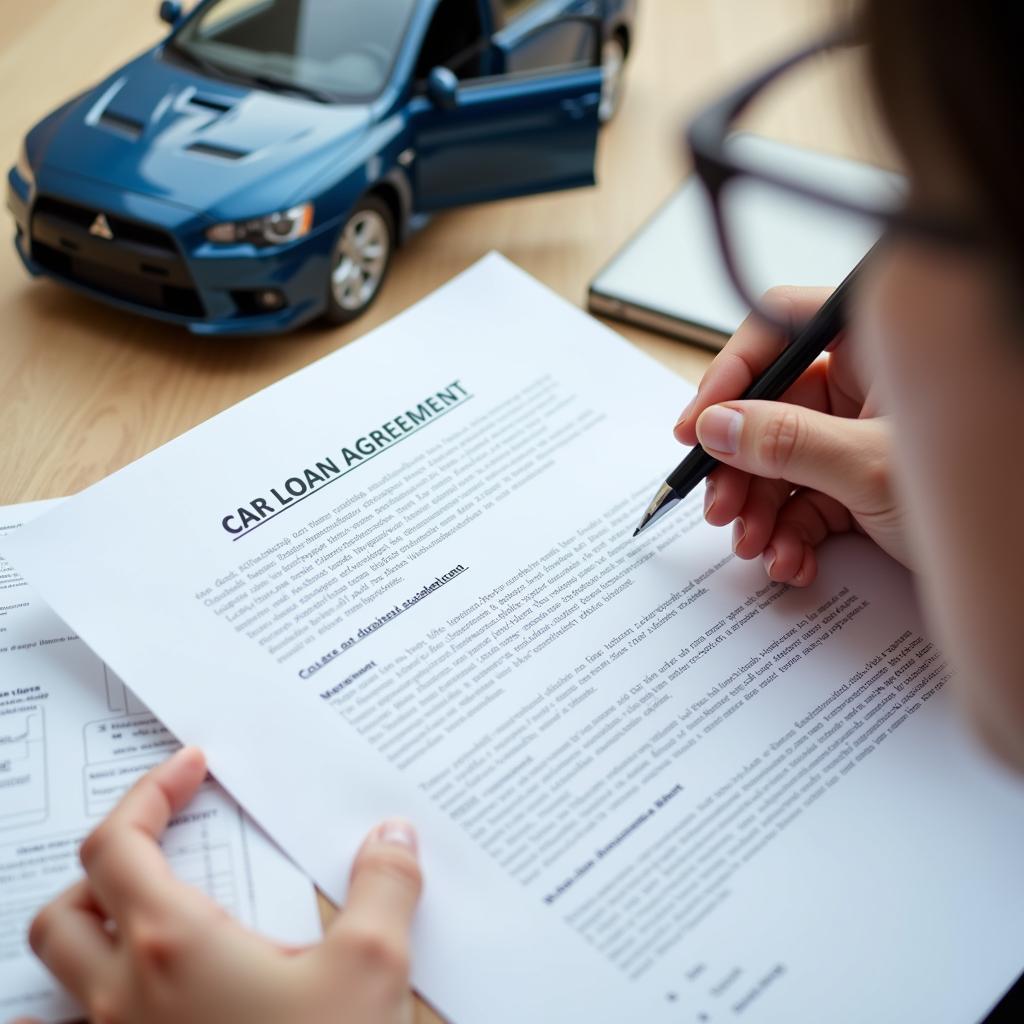 Person reading a car loan agreement