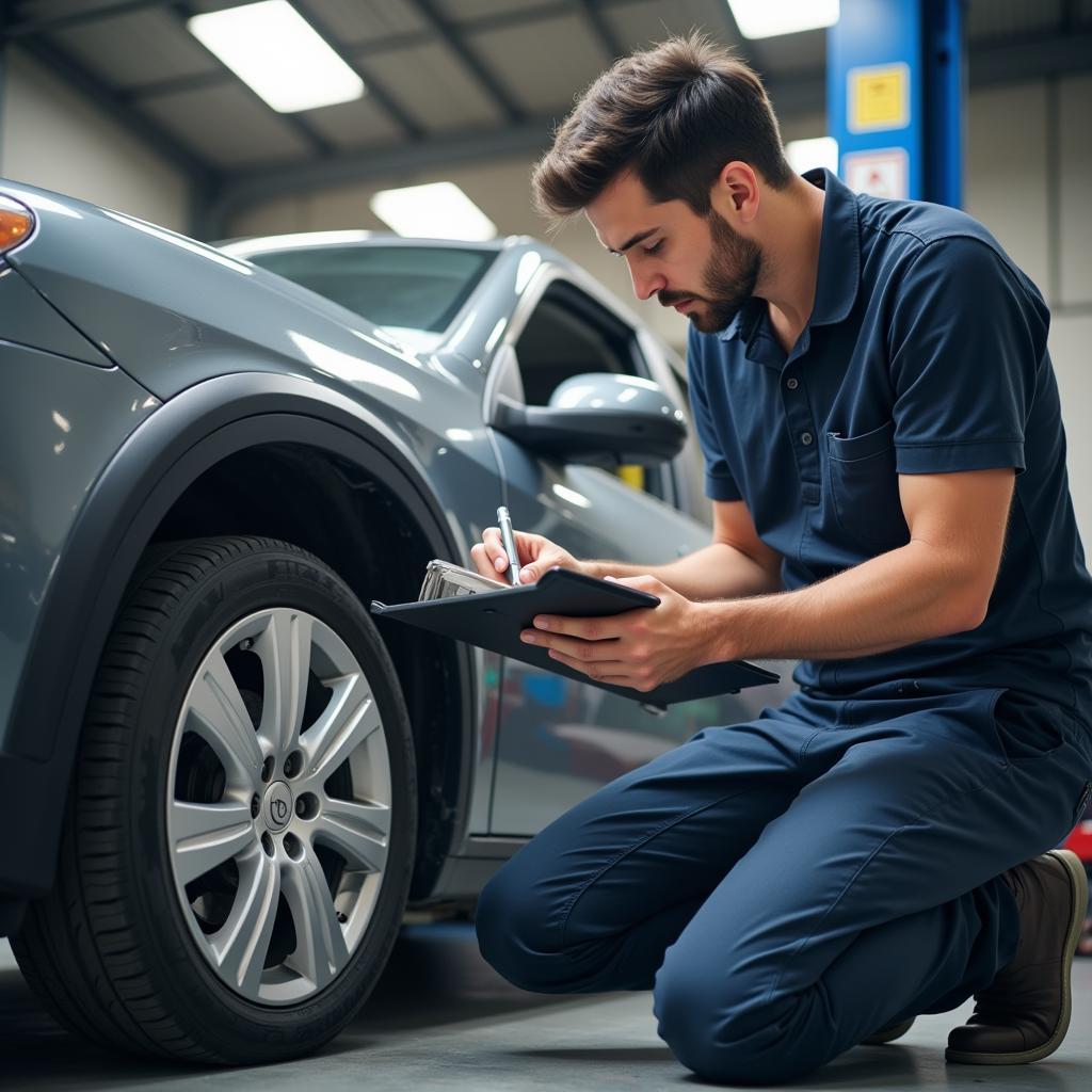 Used Car Maintenance Checklist: A mechanic reviews a checklist while inspecting a used car.